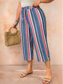 SHEIN LUNE CURVE Plus Size Women's Asymmetrical Light Blue Striped Summer Boho Vacation Holiday Casual Wide Leg Pants,Striped Print Slim Fit Commute Office Trousers - Blue - View 4