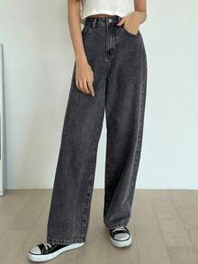 DAZY High Waist Washed Wide Leg Jeans - Dark Grey - View 4