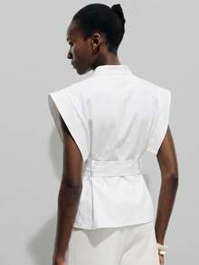 Aveloria Modichic European And American Style Spring/Summer New Fashionable Versatile Solid Color Butterfly Sleeve V-Neck Tie Waist Sleeveless Blouse - White - View 2