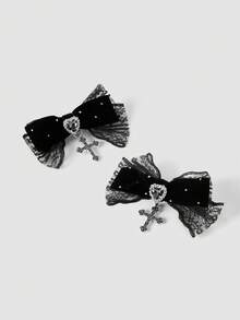 MortiRose 2pcs Gothic Style Lace Ribbon, Crystal Heart & Cross Decor Hair Clips, Suitable For Holiday Outfits, Daily Wear For Gothic Fashion Enthusiasts, Hair Slide, Hair Barrettes, Hair Accessories, Party, Head Accessories, Hairpin - Black - View 6