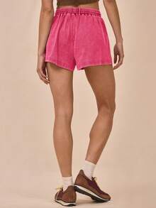 MUSERA Drawstring Waist Ribbed Washed Relaxed Fit Shorts Street Style Summer Tops 90s Airport Vacation The Book Shop Spring Holiday Casual - Hot Pink - View 4