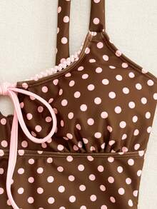 Swim Vcay Retro American Style Brown Base Polka Dot One-Piece Swimsuit, Pink Bow Sexy Babe Hot Spring Resort Swimwear - Multicolor - View 7