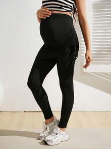 SHEIN Calça Casual Ajustável na Cintura 2 em 1 com Bainha com Cordão, Conjunto Esportivo para Gestantes - Preto - Visão 7