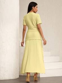 Modelyn Women's Elegant Pink Textured Short Sleeve Jacket & Pleated Skirt 2 Pieces Set - Light Yellow - View 2