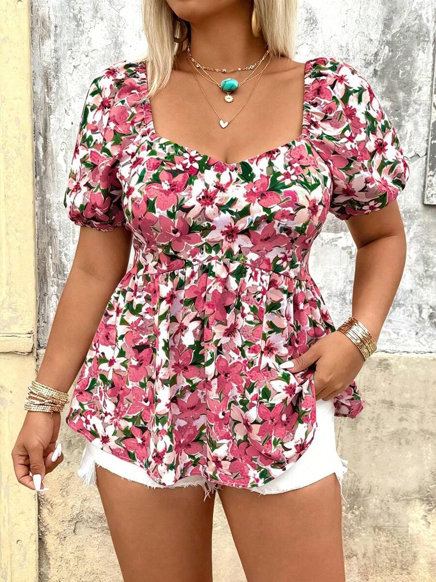 Breezaya Plus Size Women Floral Print Casual Vacation Date Romantic Suitable For Spring/Summer Daily Fashionable Versatile Blouse - Multicolor - View 1