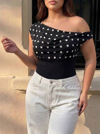 CurvyTilda Plus Size Women's Plunging Neck Polka Dot Bodysuit, Summer Vacation