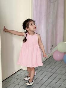 SHEIN LMoss Kids Babygirl Cute & Elegant Bowknot Summer Dress - Coral Pink - View 5