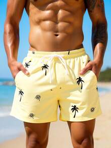 Manfinity KASUA Pantalones cortos de playa con estampado de palmeras de coco para hombre, vacaciones - Albaricoque - Ver 7