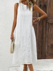 Faunlyn Round Neck Hollowed-Out Embroidered Long Dress With Pockets - White - View 5