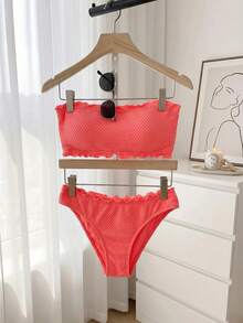 Resyla Summer Beach Frill Trim Bandeau Bikini Set Vacation - Coral Orange - View 5