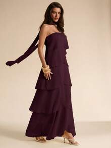 SHEIN BAE Dark Purple Layered Ruffle Hem Dress,Flowy Elegant Dress Suitable For Autumn Party Night,Vacation,Bridesmaid,Wedding,Spring/Summer Wear,Formal Gown - Purple - View 4