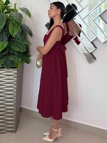 Andrea Bello 情人節女士純色方領無袖洋裝 紅色優雅夏季太陽裙 - 酒紅色 - 查看 6