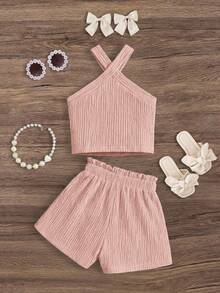 Emery Rose Kids Emery Rose Kids Bộ 2 món áo không tay và quần short dệt kim màu trơn cho bé gái - Hồng - Xem 2