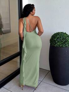 Alexandranx Spring & Summer Solid Color Asymmetric Ruched Backless Long Mesh Ruffled Hem Elegant Dress, Beach Vacation Dress,Valentine's Day,Valentine Outfits For Women - Mint Green - View 2