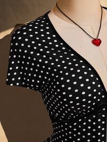 SHEIN ICON Đầm chữ A tay ngắn cổ chữ V sâu chấm bi phong cách retro Y2K cỡ lớn, thích hợp cho đi học, mặc thường ngày, đi nghỉ mát, mùa hè. - màu đen - Xem 9