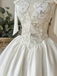Lovelzi Elegant White Summer Bachelorette Party Formal Wedding Guest Midi Dress Heavily Beaded Embroidered Satin Patchwork Spaghetti Strap Floral - White - View 6
