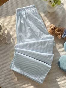 Pantalones Casuales a Rayas Amarillas para Mujer , Textura de Burbujas, Cintura Alta, Pierna Ancha, Corte Holgado, Cintura Elástica con Cordón, Pantalones de Pana - Azul 2 - Ver 2
