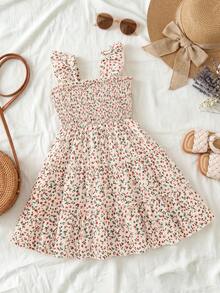 Elladie kids Young Girl's Floral Print Sweet Flutter Sleeve Ruffle Hem Dress, Countryside Girl Style For Daily Wear, School, Picnic - Khaki - View 2