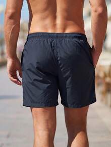 Manfinity KASUA Swim Trunks For Men,Navy Blue Summer Casual Beach Holiday Lightweight 4-Way Stretch Solid Color Drawstring Waist Security Pockets Lined Shorts - Navy Blue - View 2