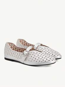 CUCCOO CHICEST Giày bệt nữ thoải mái, thêu rỗng, có khóa cài. - Bạc - Xem 2