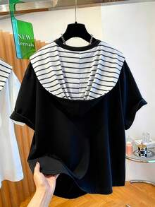 Calvaya Plus Size Women's Summer New Knit Black & White Striped Cap 2 In 1 Design T-Shirt - Black and White - View 2