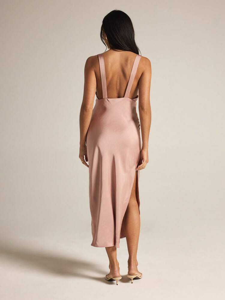 KSTM Damen Ärmellose Satin Midi Kleid mit V-Ausschnitt Kontrastnaht Detail, perfekt für Party und Abendanlässe