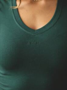 Aralina Leisurewear Active Women's V Neck Neat Fit T Shirt With Branded Embroidery On Center Gym Workout Pilates Yoga Every Day Tee Y2K 90's Vibe Top - Black/Green - View 5