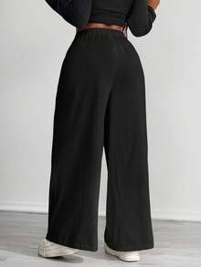 SHEIN PETITE CURVE 女士极简波西米亚风度假休闲基础款日常穿搭亚麻舒适低腰宽松裤 - 黑色 - 查看 3