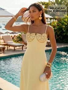 CAJUNI Summer Vacation Embroidery Shell Butter Yellow Long Dress - Butter Yellow - View 6