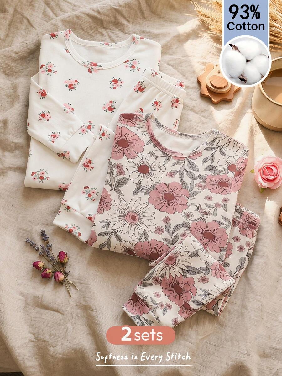 Cozy Pixies Bộ đồ ngủ 4 món ôm sát cho bé gái, áo dài tay cổ tròn dệt kim mềm mại họa tiết hoa nhí và quần dài cạp chun. - Nhiều màu - Xem 1