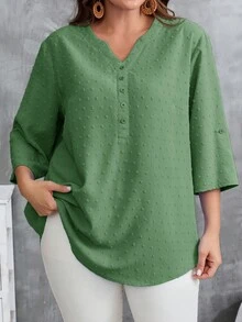 EMERY ROSE Camisa casual de mujer talla grande de unicolor con cuello en V y mangas enrolladas - Verde - Ver 3