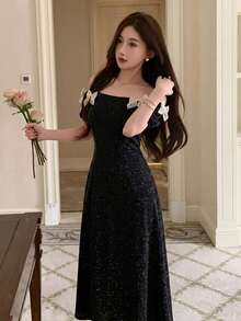 DAZY Women's Off-Shoulder Bow Decor Dress Fashionable For Dates Dinner And Parties Sundress Black Glitter Summer Elegant Wedding - Black - View 5