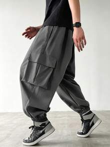 PAVTROS Pantalones jogger casuales de unicolor con cordón en la cintura y bolsillos, uso versátil para el día a día - Gris Oscuro - Ver 6