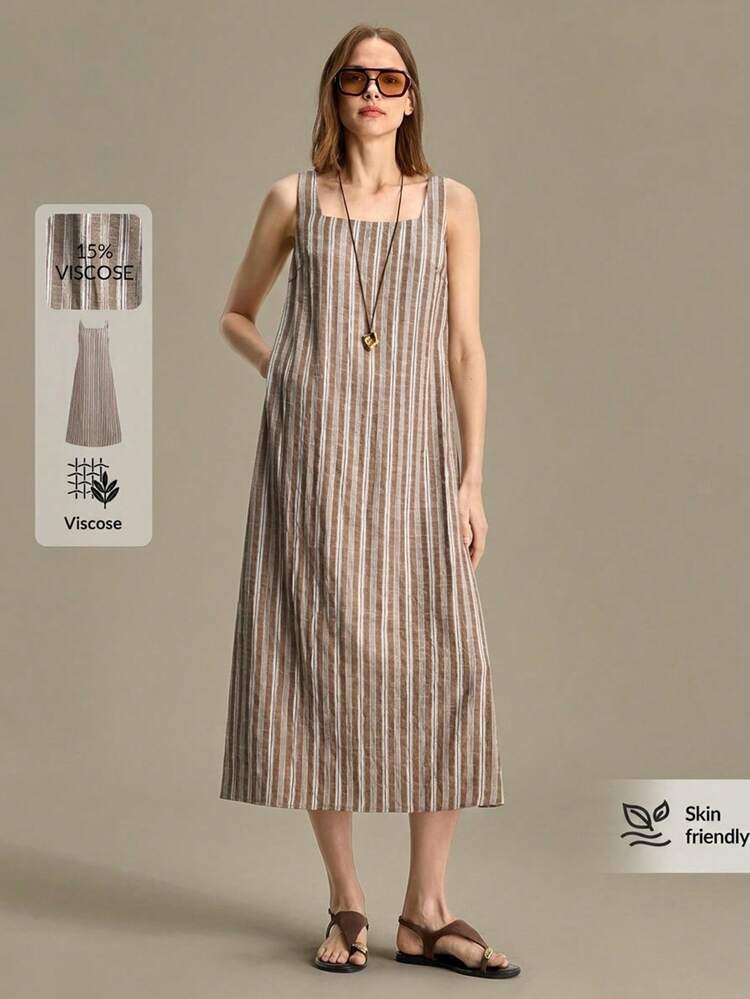 2026SS Spring/Summer New Arrival Women's Long Loose Striped Woven Fabric Dress, Beige/Khaki, Sleeveless Square Neck Design Pockets A-Line Silhouette, Elegant Urban Chic Outfit For Vacation, Party, Wedding Guest, Office, School, Fashion Versatile Long Dress For Women,All-Match Wardrobe,Minimalist Elegant Urban Chic Design, Suitable For Outings, Vacations,Coffee Brown