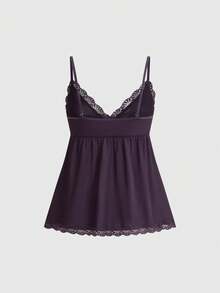 ROMWE Ribbed Lace Camisole & Shorts Casual Pajama Set - Purple - View 8