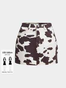 SHEIN PETITE 女士高腰奶牛纹牛仔迷你裙，休闲日常及夏季街头风半裙 - 黑與白 - 查看 1