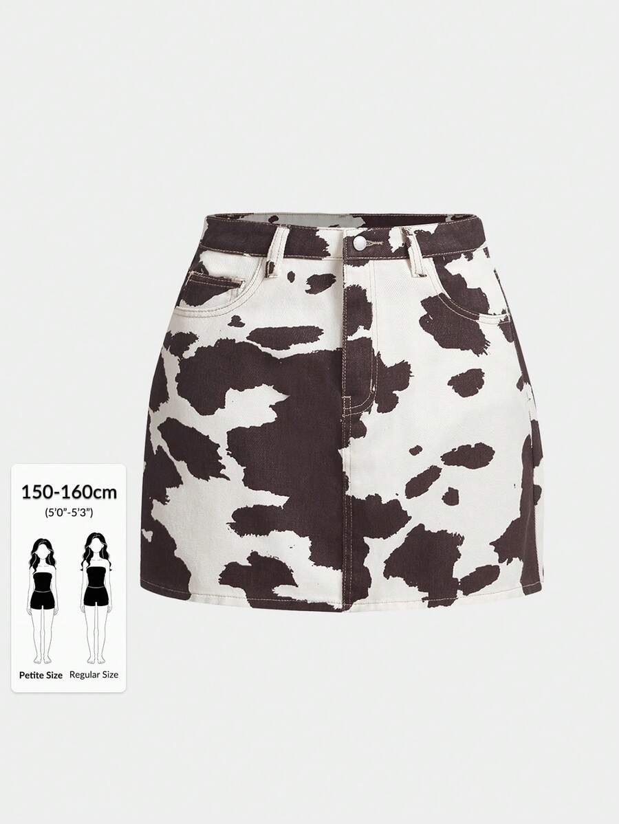 SHEIN PETITE 女士高腰奶牛纹牛仔迷你裙,休闲日常及夏季街头风半裙 - 黑與白 - 查看 1