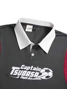 Captain Tsubasa X SHEIN STYNVO Men's Color Block Letter & Football Print Casual Everyday Polo Shirt - Grey - View 4