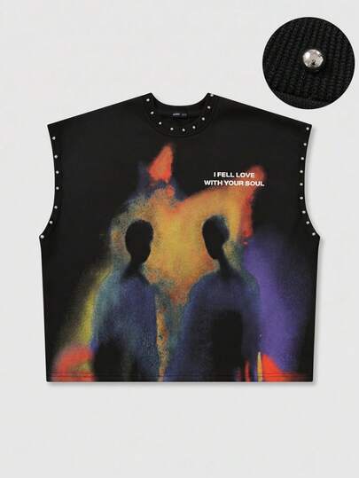 ROMWE MEN Street Life Men's Loose Fit Rivet Decor Blurred Portrait Print Tank Top