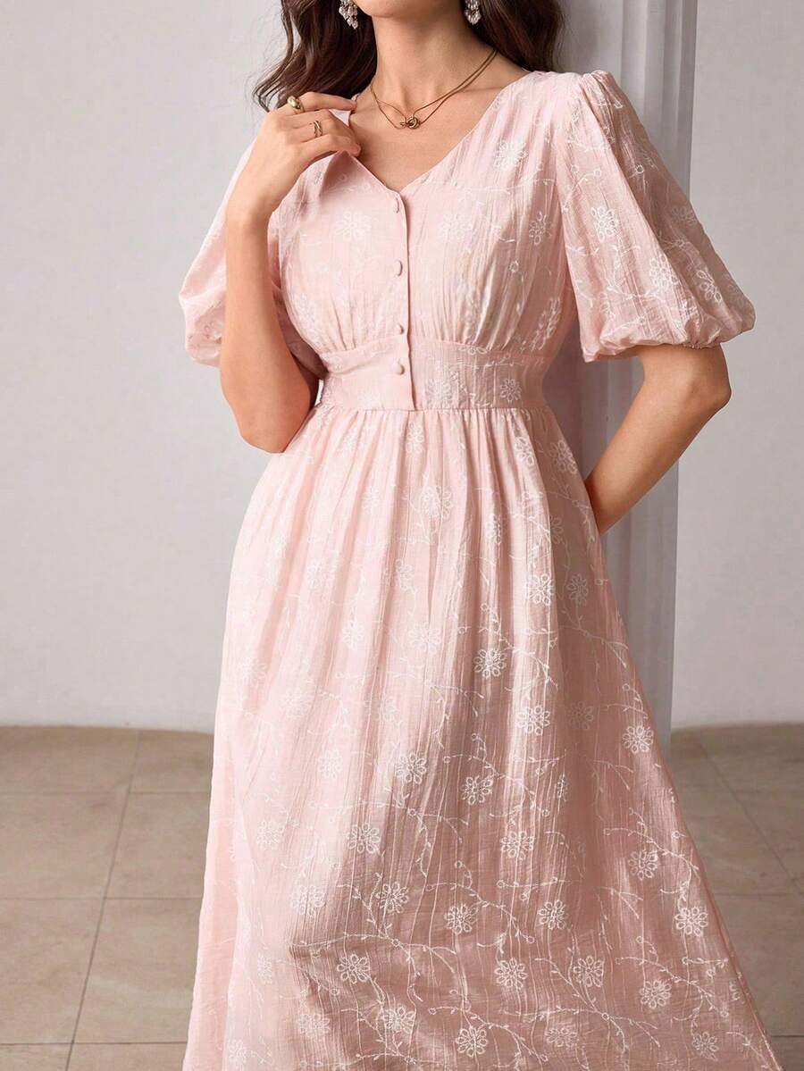 Modelyn V-Neck Petal Sleeve Jacquard Front Button Closure Pink Floral Floral Dress, Spring/Summer Tea Party Cute Elegant