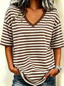 EMERY ROSE Women's Casual Vacation Commute Loose Fit V-Neck Contrast Stripe Print T-Shirt, Summer Travel Brown Striped - Multicolor - View 1