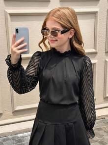 SHEIN Tween Girl Fashion Casual Small Stand Collar Long Sleeve Top - Black - View 1
