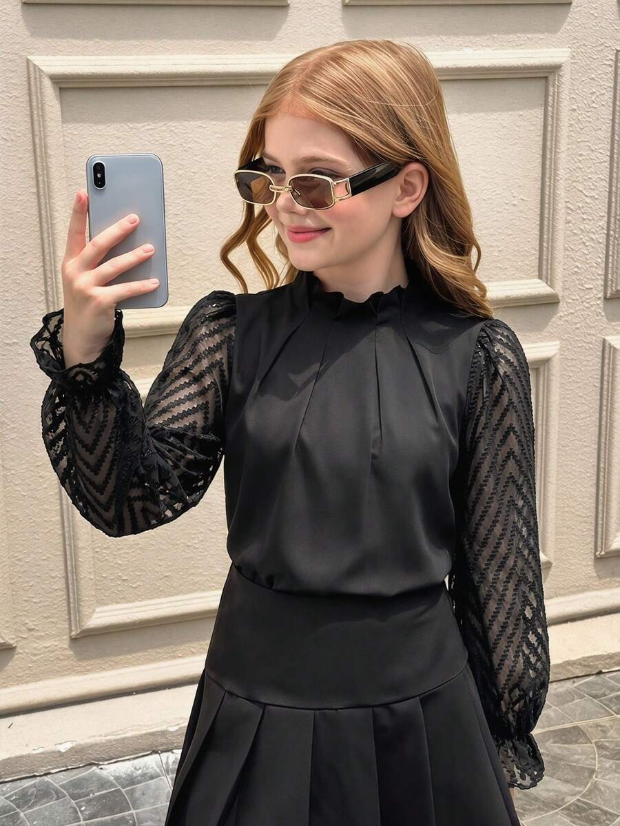 SHEIN Tween Girl Fashion Casual Small Stand Collar Long Sleeve Top - Black - View 1