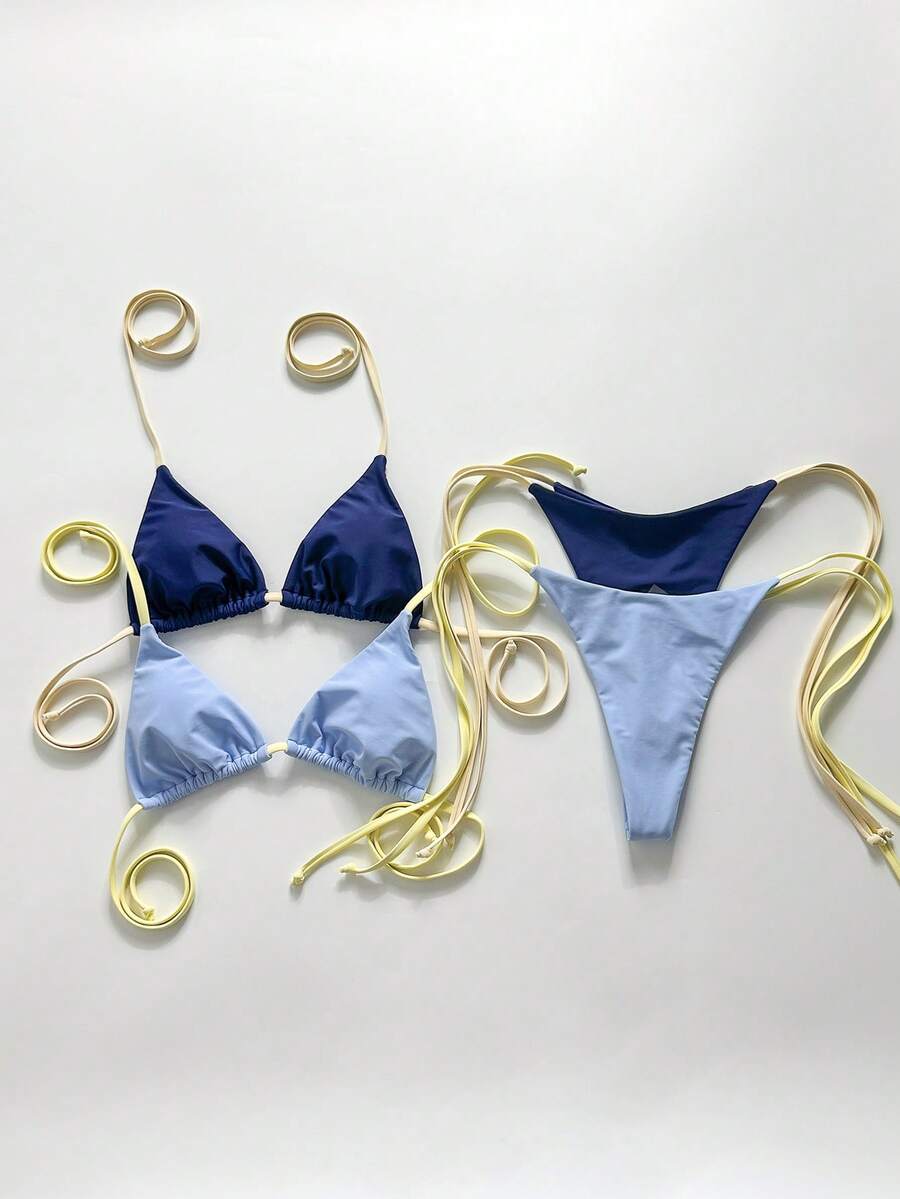 Swim Vcay Ensemble de maillot de bain bikini sexy 4 pièces pour femmes, été, plage et vacances, dos nu, attache au cou, noué dans le dos, couleurs contrastées, string - Multicolore - Voir 1