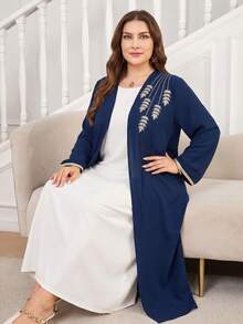 Al Najma Plus Size Solid Color Leaf Embroidered Long Sleeve Maxi Abaya For Women - Navy Blue - View 7