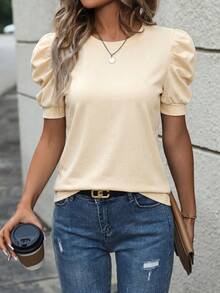 SHEIN LUNE Women's Solid Color Round Neck Casual Versatile Daily Wear T-Shirt Office Pale Yellow Summer - Apricot - View 4