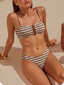 Swim Chiccia 欧美新款夏季性感条纹撞色串珠露背比基尼泳装套装 - 彩色 - 查看 1