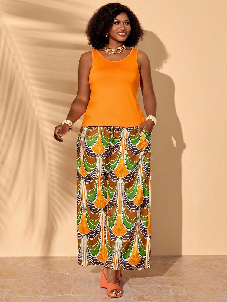 Plus Size Women Summer Beach Vacation Style Camisole And Wide Leg Printed Pants 2 Pieces Set