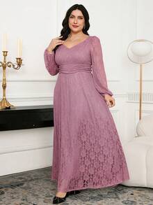 Modelyn Plus Size Women Lace Lantern Sleeve Ruched Waist Elegant Dress Fall - Dusty Pink - View 6