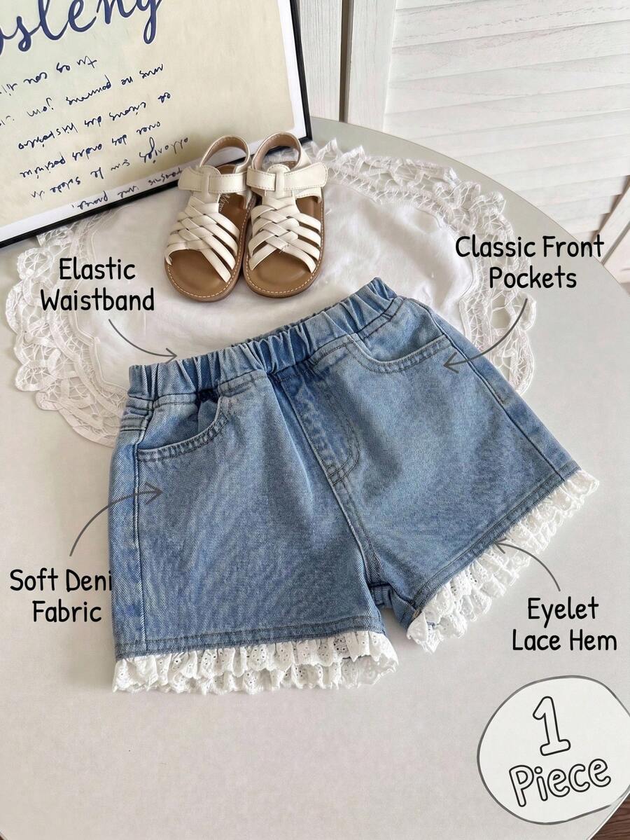 SHEIN Little Byeori 女童夏季波西米亚风休闲柔软可爱白色蕾丝拼接蓝色牛仔宽松短裤,适合春夏日常穿着、街头风、节日、派对、海滩、生日、乡村、毕业典礼、休闲、暑假等场合,4岁 - 淺色水洗藍 - 查看 1